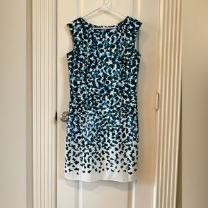 Ann Taylor Sheath Dress.  White with a Blue and Green floral-like pattern.
